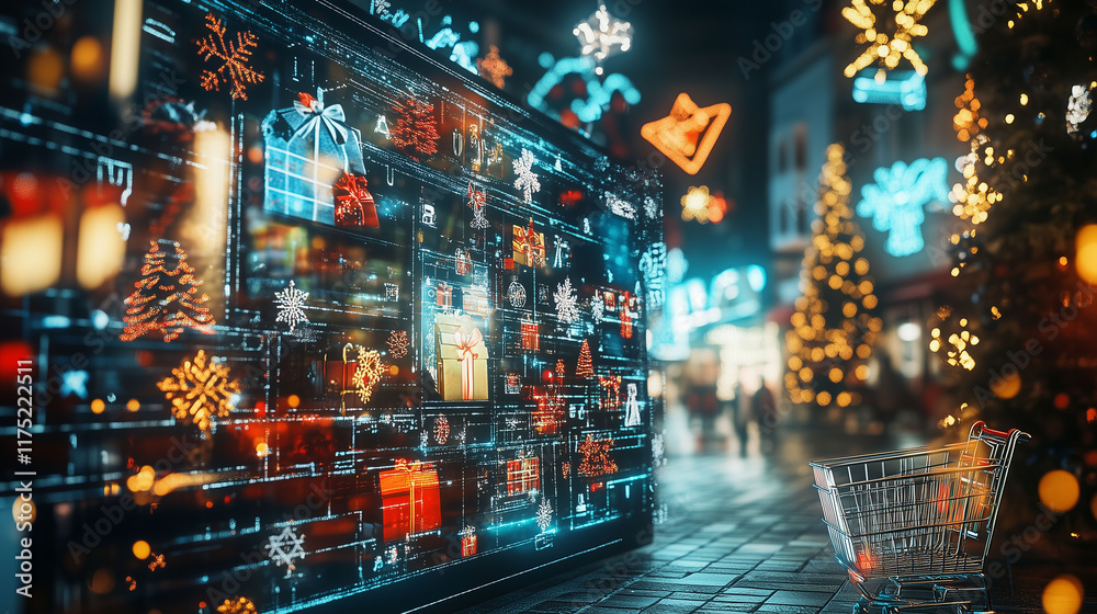 A digital shopping screen displaying an array of Christmas gifts, encircled by virtual decorations and shopping carts, embodying the spirit of holiday shopping