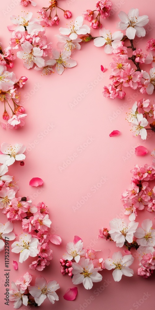 Fototapeta premium Cherry blossoms on a pink background for spring decor