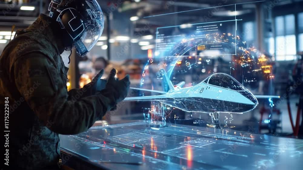 Military Engineer Uses Holographic Interface to Design Futuristic Fighter Jet in High-Tech Factory