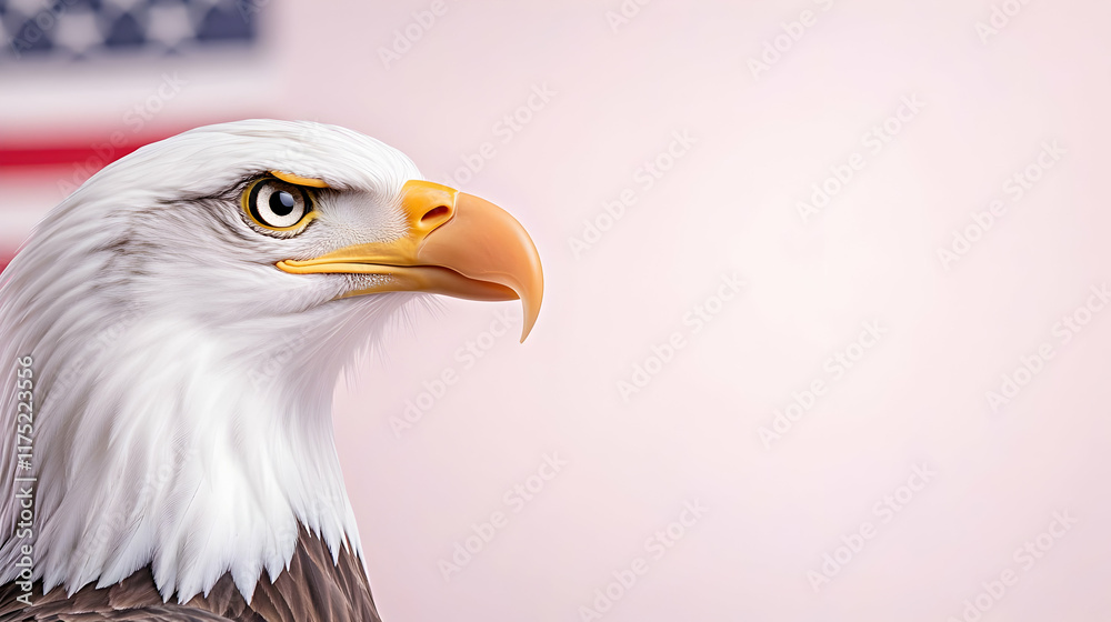 Majestic American bald eagle with flag background showcasing its powerful beak, sharp eyes, and impressive feathers as a symbol of wildlife and American strength Majestic American bald eagle with flag background showcasing its powerful beak, sharp eyes, and impressive feathers as a symbol of wildlife and American strength