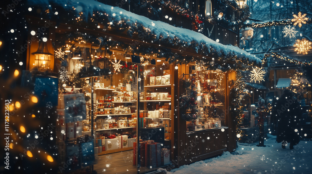 An online shopping interface displaying Christmas-themed products, enveloped in virtual snowflakes and twinkling lights, creating a cozy shopping atmosphere