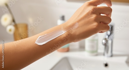 Applying white cream on forearm near bathroom sink