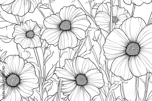 Wallpaper Mural Black and white floral seamless pattern of detailed cosmos flowers Torontodigital.ca