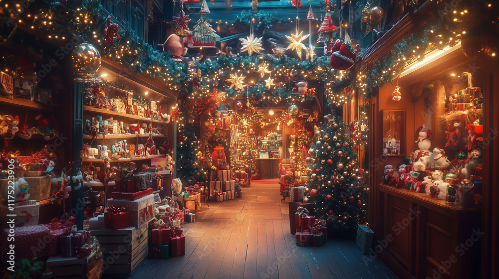 An online shopping page brimming with holiday items, framed by virtual garlands and twinkling stars, exuding a magical festive spirit