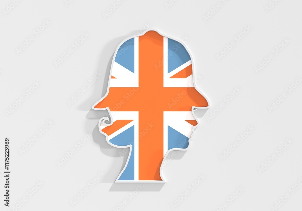 Metropolitan policewoman face side view icon. Elegant silhouettes of a female head. Avatar profile sign. National flag of United Kingdom. 3D render Metropolitan policewoman face side view icon. Elegant silhouettes of a female head. Avatar profile sign. National flag of United Kingdom. 3D render