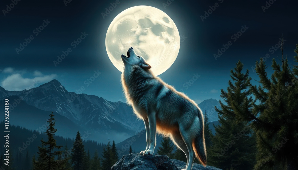 Wolf howling at the full moon, serene forest backdrop, captivating night scene Wolf howling at the full moon, serene forest backdrop, captivating night scene