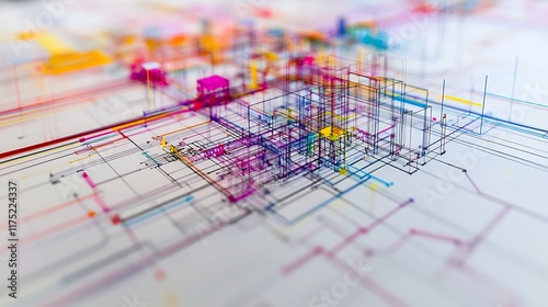 An abstract representation of software architecture with code snippets and design diagrams 