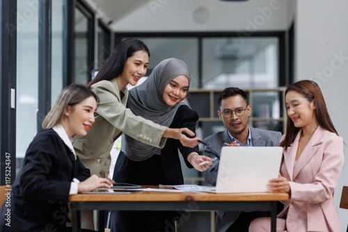 Happy asian business woman executive ceo leader discussing project management planning strategy working with diverse colleagues company team at office corporate board group meeting.
