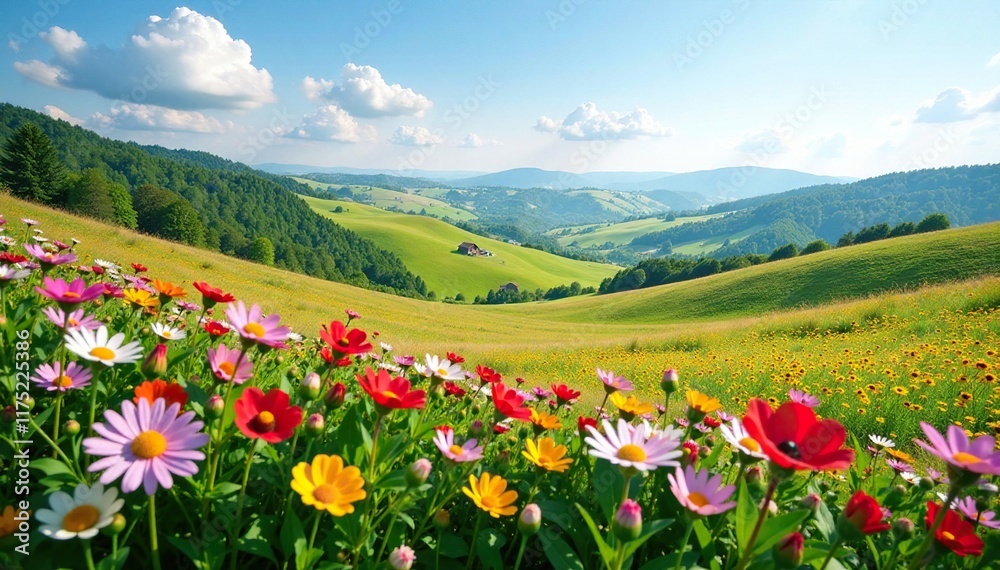 Rolling hills covered with colorful wildflowers, flowers, countryside Rolling hills covered with colorful wildflowers, flowers, countryside