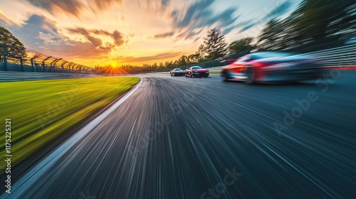 Race Cars Speeding on Track at Sunset