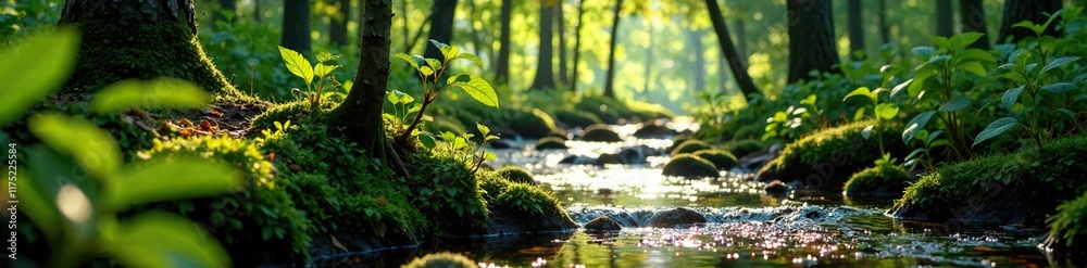 Saplings growing near a babbling brook in the forest with sun filtering through leaves, forest floor, woodland Saplings growing near a babbling brook in the forest with sun filtering through leaves, forest floor, woodland