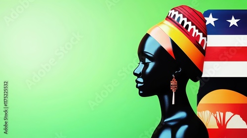 Black History Month honors heritage culture civil rights and activism. Silhouette of African Woman Against Colorful Background and Flags photo