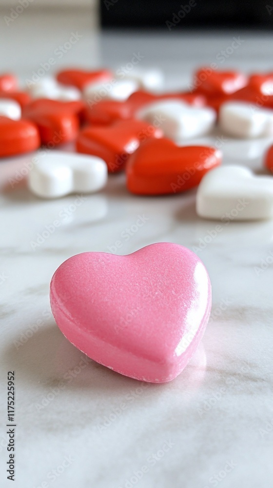 A pink heart-shaped candy surrounded by red and white heart candies. A pink heart-shaped candy surrounded by red and white heart candies.
