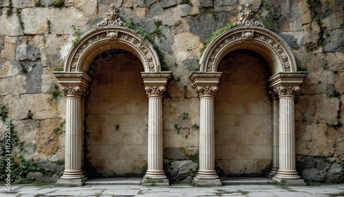 Ancient Arches and Columns Adorn Stone Wall with a touch of Nature,s Embrace photo