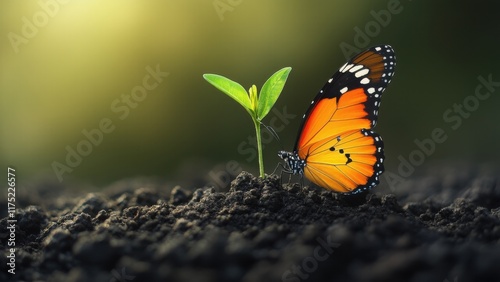 Butterfly lands on a sprouting seedling growing from a cracked stone, symbolizing resilience and growth in challenging business environments