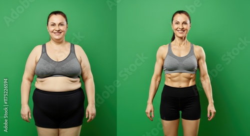 Fitness journey transformation: caucasian adult female before and after weight loss photo