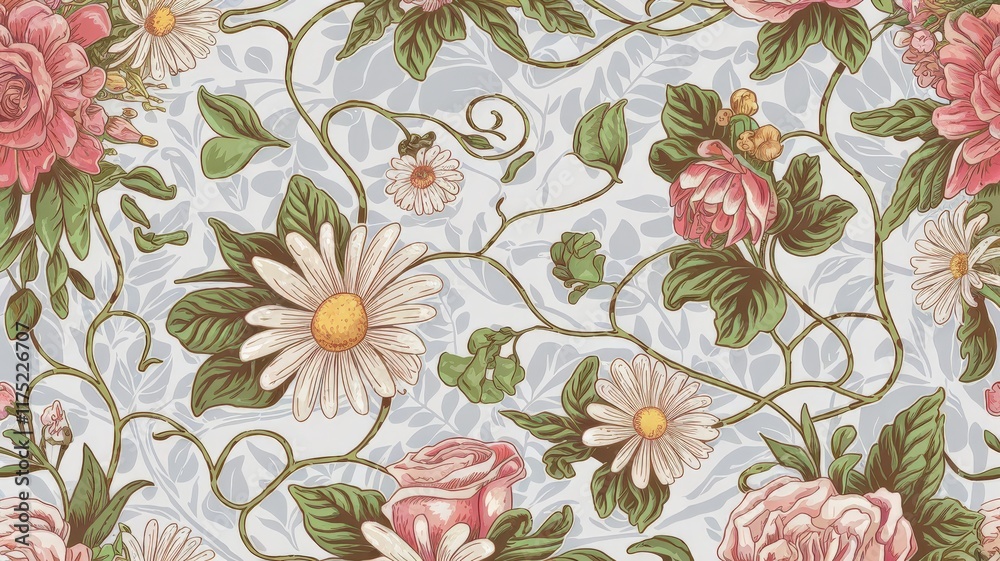 Seamless botanical floral fabric pattern with daisies, roses, and green leaves Seamless botanical floral fabric pattern with daisies, roses, and green leaves