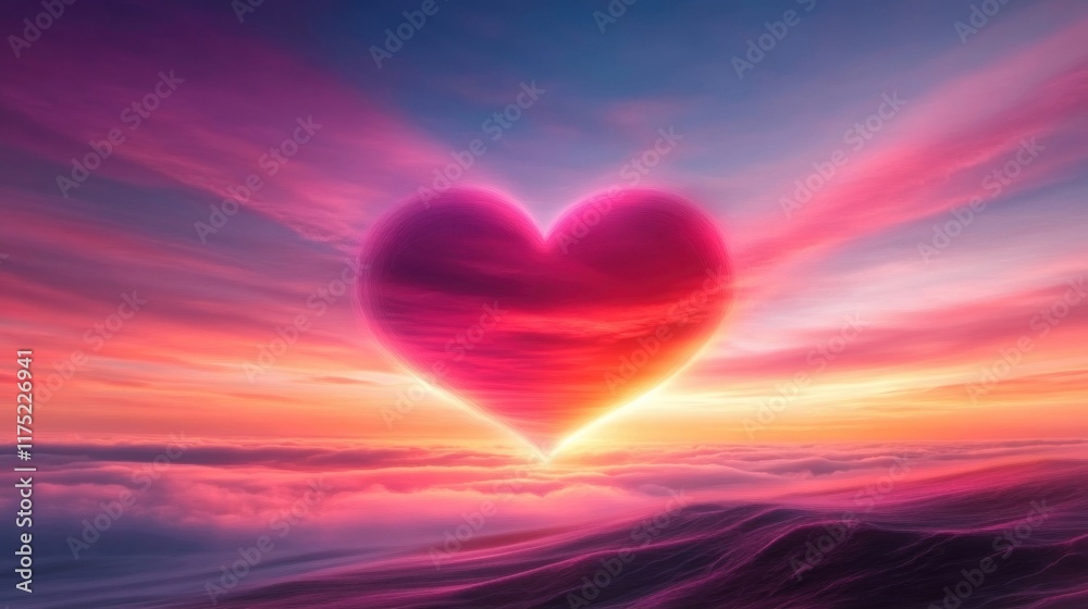 Vibrant sunset backdrop with a glowing heart-shaped formation in the sky, symbolizing love and warmth over clouds. Vibrant sunset backdrop with a glowing heart-shaped formation in the sky, symbolizing love and warmth over clouds.