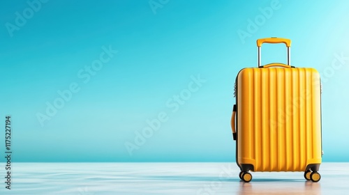 A vibrant yellow suitcase stands on a reflective surface against a turquoise gradient background, emphasizing a fresh and adventurous travel concept. photo