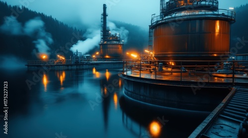 Underneath a hazy blue twilight, industrial towers release streams of steam, creating a mysterious and atmospheric scene by the mirror-still water. photo