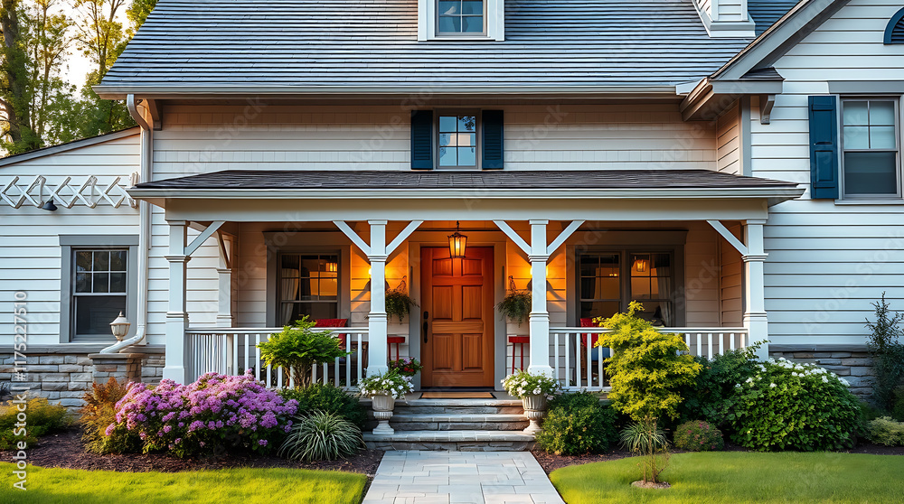 Obraz premium A two-story house with a front porch, featuring white siding, a brown door, and landscaping. Warm lighting illuminates the porch and entryway.