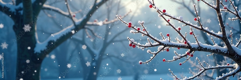 Snowflakes fall in a swirling dance around the frosty branches of a bare tree, frosty, winter Snowflakes fall in a swirling dance around the frosty branches of a bare tree, frosty, winter