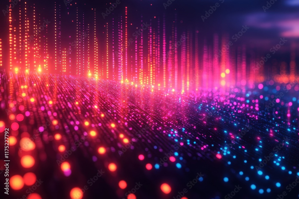Colorful digital wave pattern creates an energetic atmosphere with vibrant light spots at night Colorful digital wave pattern creates an energetic atmosphere with vibrant light spots at night