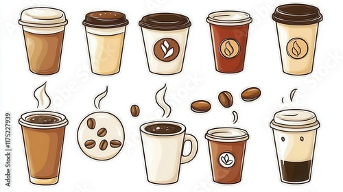 Wallpaper Mural Coffee Cup Clip Art icon set on a clean background, clip art style, vector illustration, coffee theme clip artwork for stickers, coffee shop graphics Torontodigital.ca