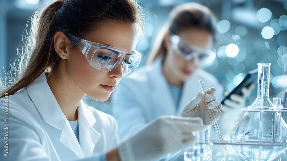 Two female scientists in a modern laboratory, focused on conducting research using advanced equipment surrounded beakers test tubes and scientific instruments under soft lighting innovation science Two female scientists in a modern laboratory, focused on conducting research using advanced equipment surrounded beakers test tubes and scientific instruments under soft lighting innovation science