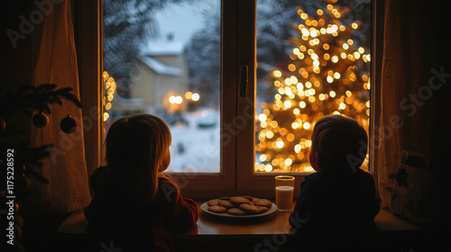 Wallpaper Mural Children by the Window on Christmas Eve Looking Out at the Winter Wonderland Torontodigital.ca