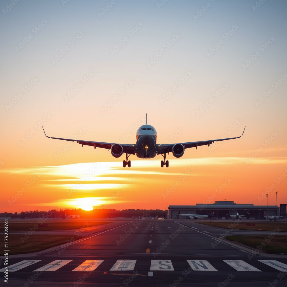 Fototapeta premium As evening descended, the airplane touched down gracefully on the airport runway.