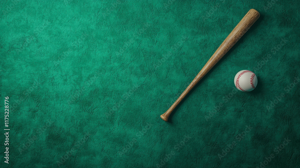 Clean Baseball Field Background with Bat and Ball on Green Surface Clean Baseball Field Background with Bat and Ball on Green Surface