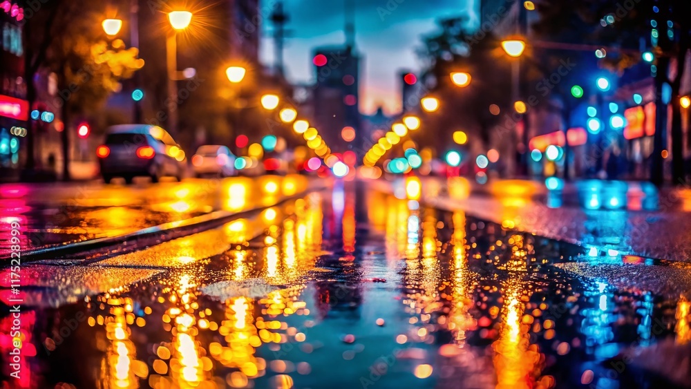 Obraz premium Silueta de ciudad borrosa, calle mojada, lluvia nocturna