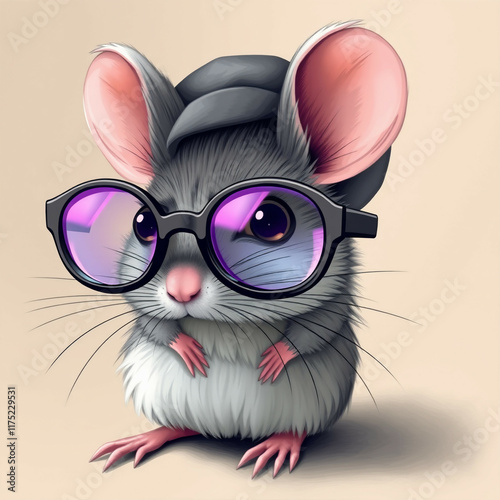 A murine rodent is depicted wearing a pair of spectacles.