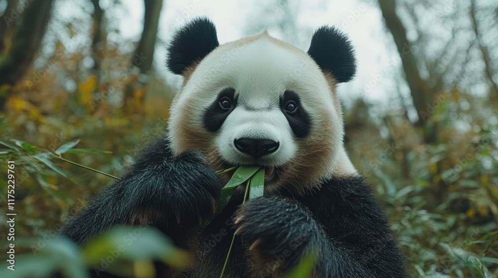 Obraz premium A panda munching on bamboo in a serene forest setting.