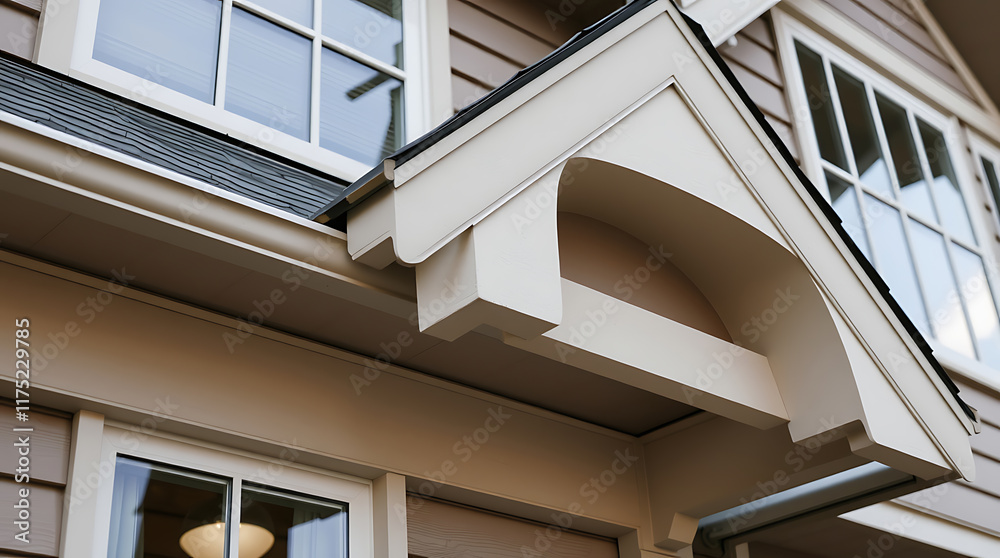 Fototapeta premium Close-up view of a house's exterior, showcasing a section of beige siding, white trim, multiple windows, and a complex roofline with an arched detail above the entrance. The gutters are visible.