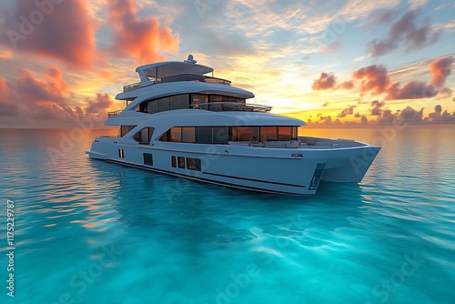 Luxury Yacht at Sunset: Serene Ocean Scene in Modern Style photo