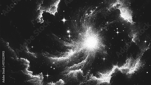 Deep space scene background in stippling style with amazing huge nebula and glowing stars cluster in universe. Retro styled dotwork. Pointillism. Noisy grainy shading using dots. Vector illustration