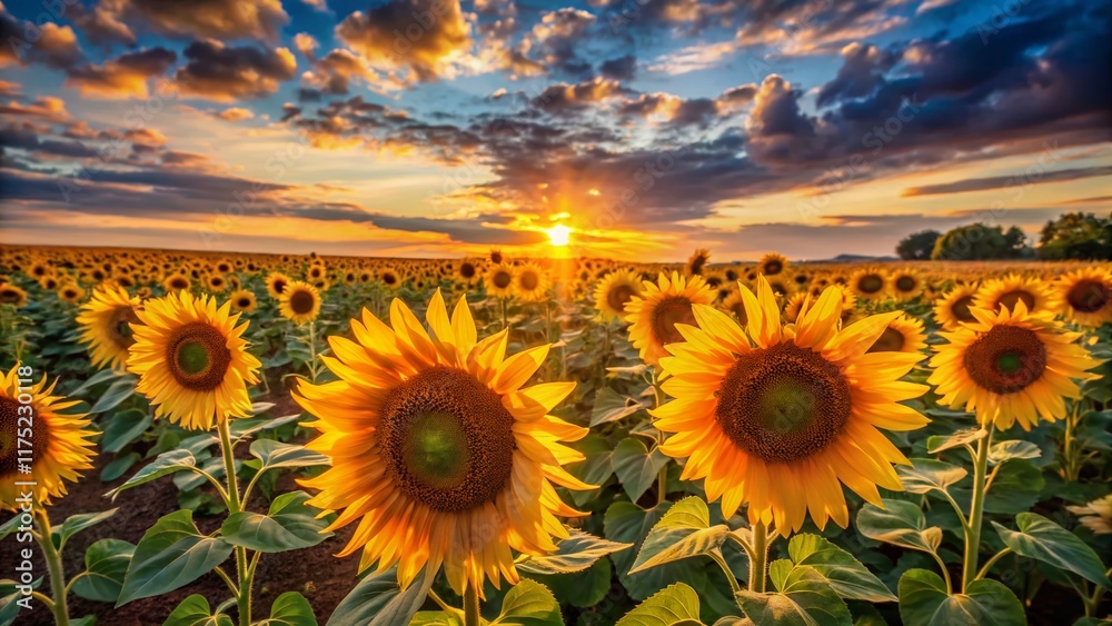 Fototapeta premium Simple Sunflower Drawings Landscape Photography: Rustic Field of Sunflowers at Sunset
