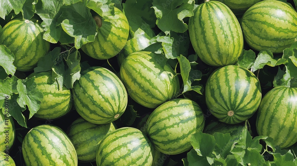 A cluster of ripe watermelons surrounded by green leaves. A cluster of ripe watermelons surrounded by green leaves.