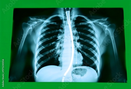 Close-up view of a chest X-ray showing a medical tube inserted into a patient's body. The image is predominantly in shades of blue and white, highlighting the intricate details of the patient's skelet