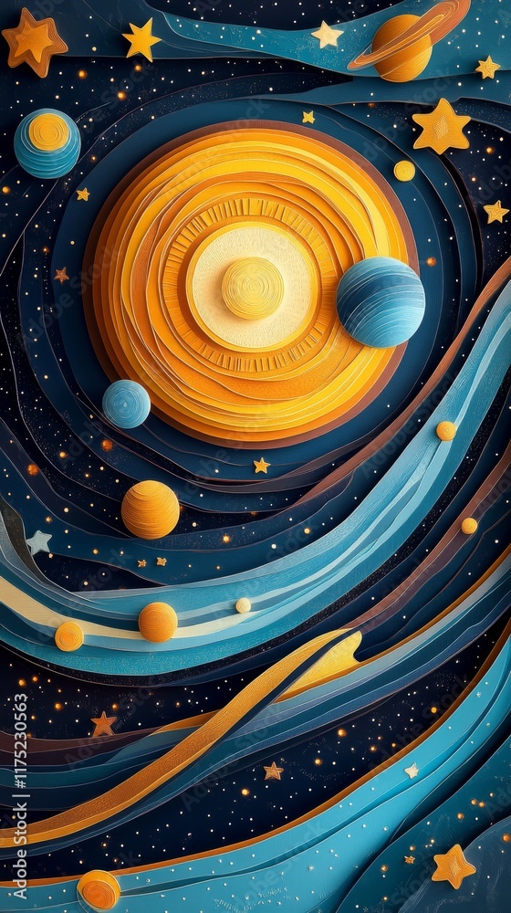 Obraz premium Celestial Paper-Cut Solar System with Whimsical Cosmic Backdrop