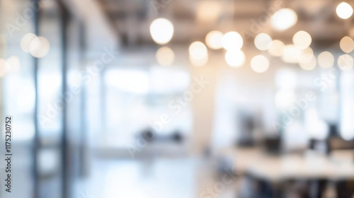 Fototapeta Naklejka Na Ścianę i Meble -  A modern office space with blurred lights creating a soft, professional ambiance for creative work and collaboration.