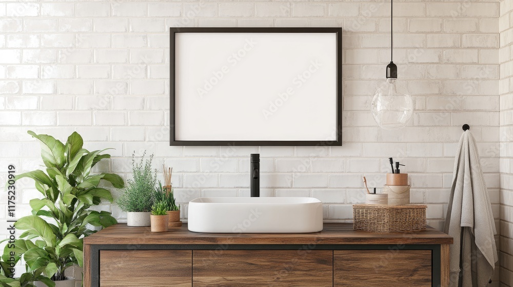 Fototapeta premium Modern Bathroom Vanity With Plants And Frame