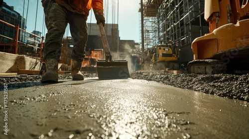 Construction Worker Spreading Wet Concrete During Building Project photo