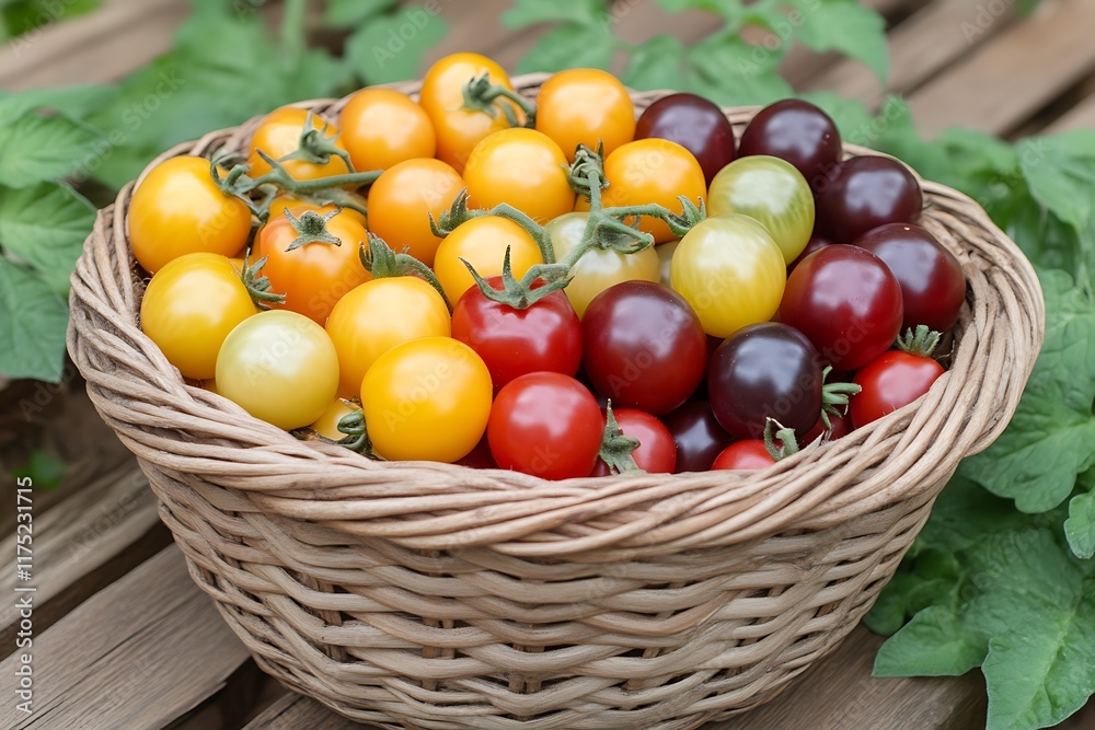 Colorful Heirloom Tomatoes in Rustic Basket: A Vibrant Harvest Colorful Heirloom Tomatoes in Rustic Basket: A Vibrant Harvest