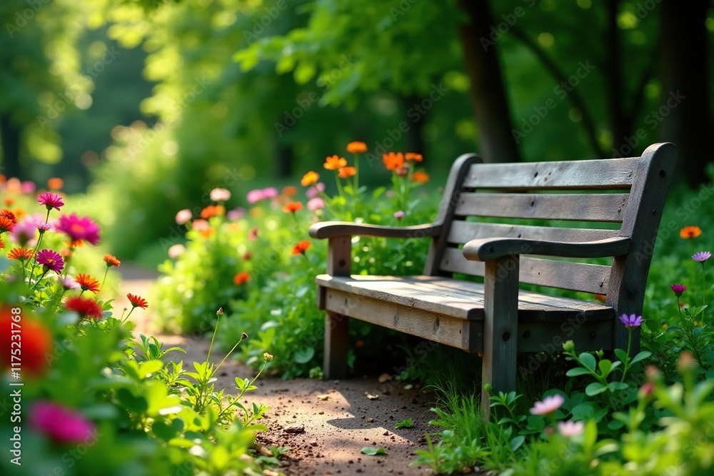 Weathered wooden bench nestled among lush greenery and vibrant flowers, outdoor, serenity