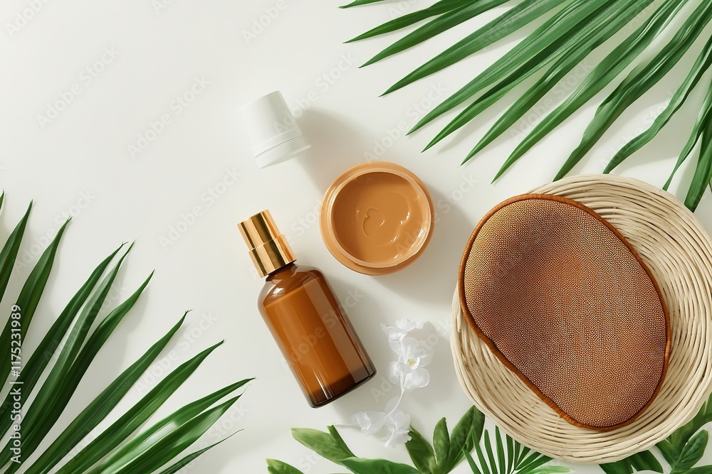 Elegant arrangement of skincare products surrounded by lush gree Elegant arrangement of skincare products surrounded by lush gree