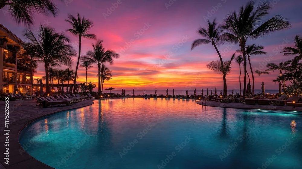 Obraz premium Tropical Resort Pool Sunset Ocean View