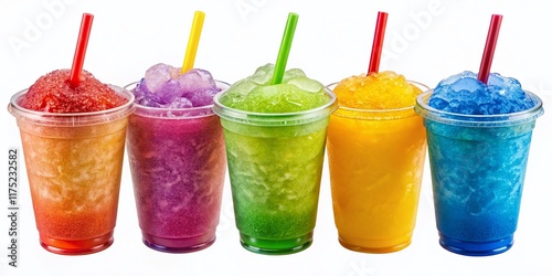 Six Colorful Slurpee-Style Drinks in Plastic Cups with Straws - Stock Photo